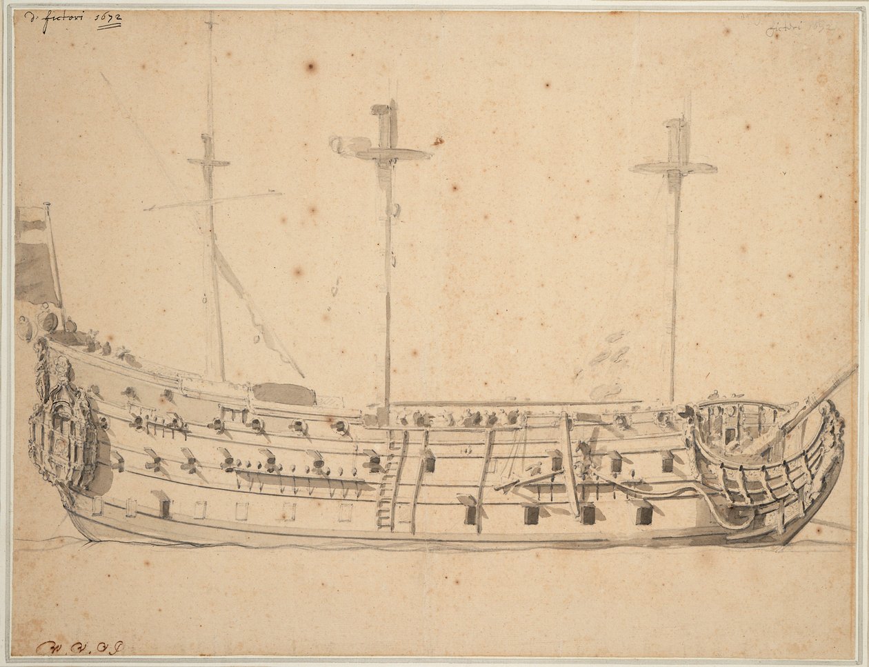 Retrato do "Victory", de 2ª classe, construído em 1620, 82 canhões, reconstruído em 1666, c.1672 (grafite, lavagem cinzenta) de Willem van de Velde the Younger