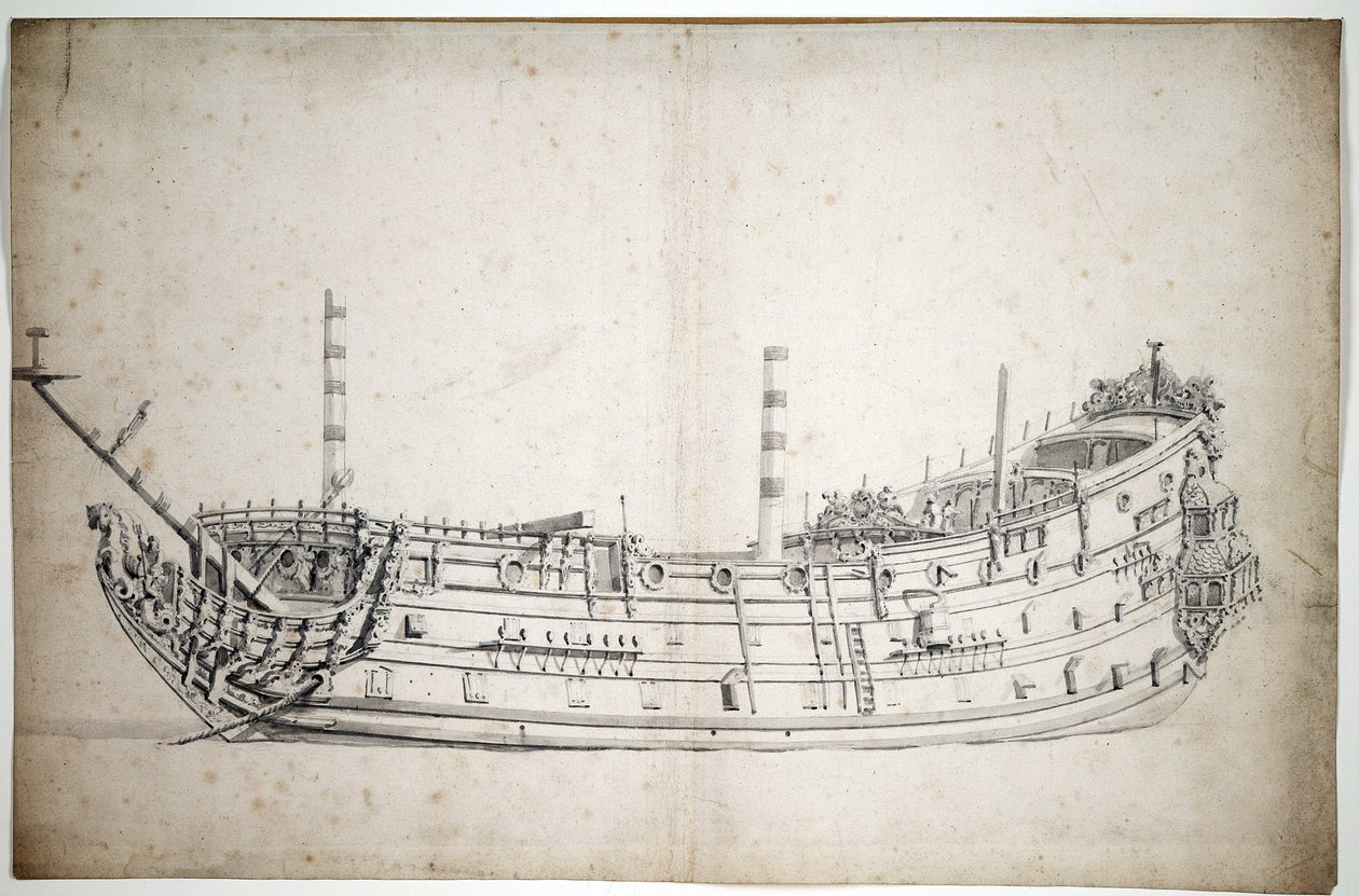 Retrato do navio "Triunfo" (ou "São Jorge"), 70 canhões, construído em 1623, com uma figura de proa representando Neptuno e dois cavalos-marinhos, com três conveses completos de Willem van de Velde the Younger