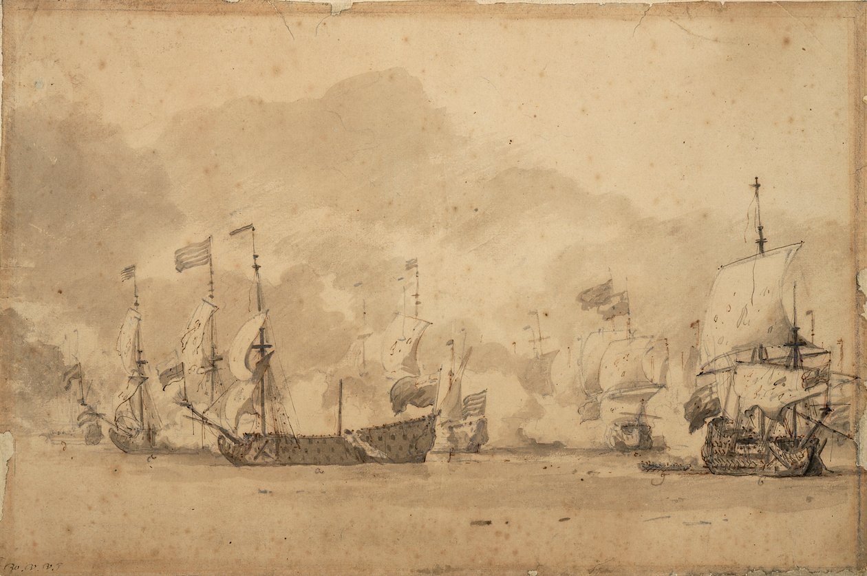 A Batalha de Texel (Kijkduijn) 11-21 de agosto de 1673, c.1673 (grafite, lavagem a cinzento) de Willem van de Velde the Younger