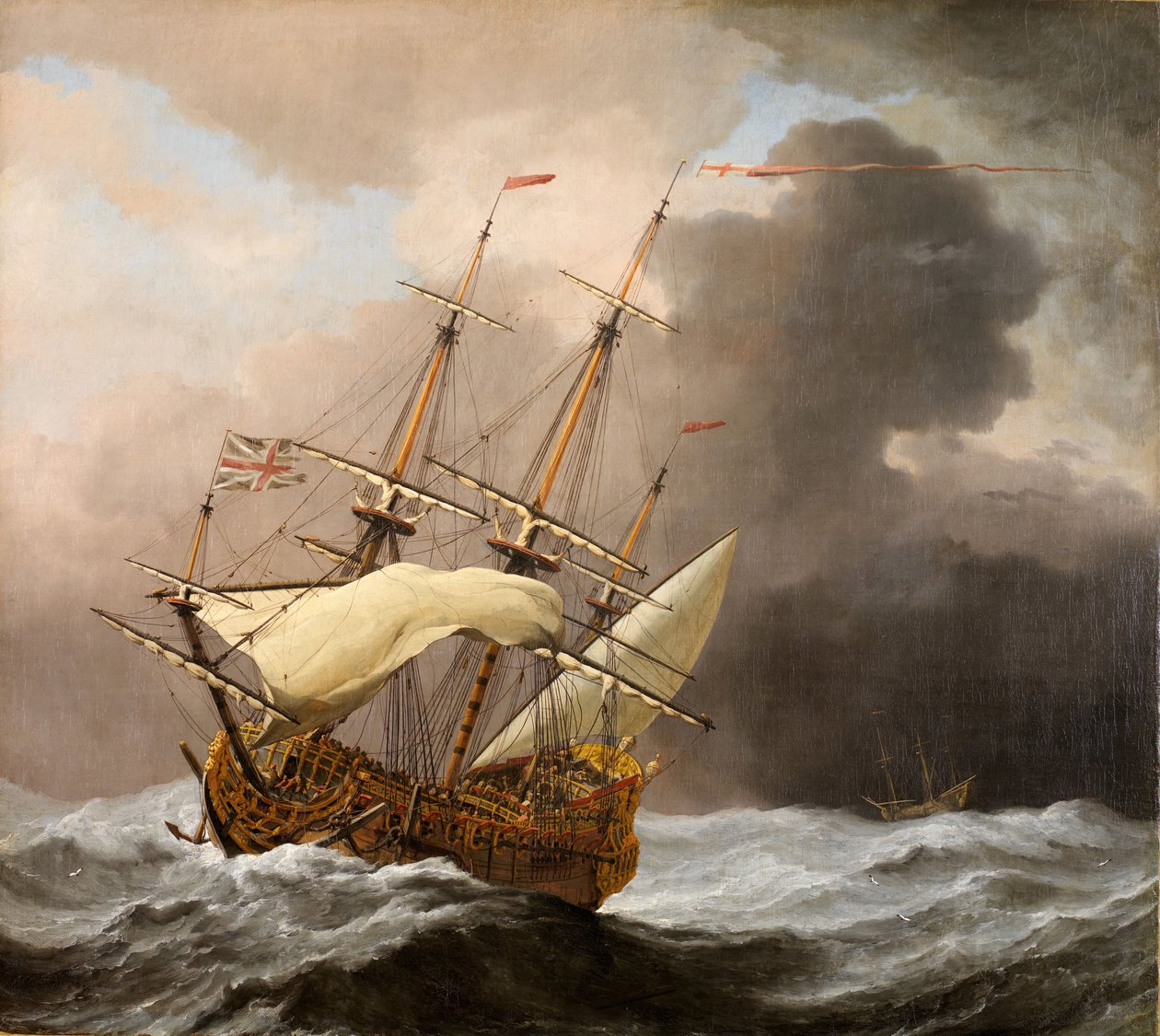 The English Ship Hampton Court in a Gale, 1678-80.   de Willem van de Velde the Younger