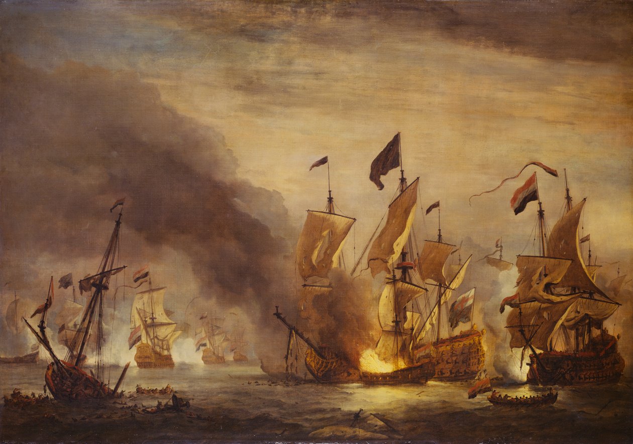 O incêndio do HMS "Royal James" na batalha de Solebay, 28 de maio de 1672, finais do século XVII (óleo sobre tela) de Willem van de Velde the Younger