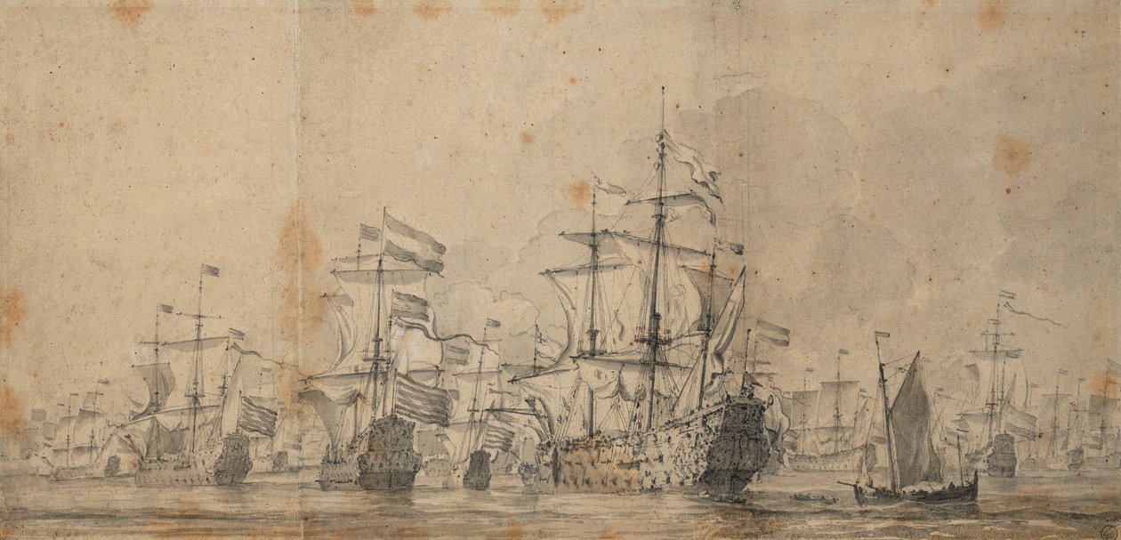 A rendição do "Príncipe Real", 3-13 de junho de 1666, c.1666 (grafite, lavagem a cinzento) de Willem van de Velde the Younger