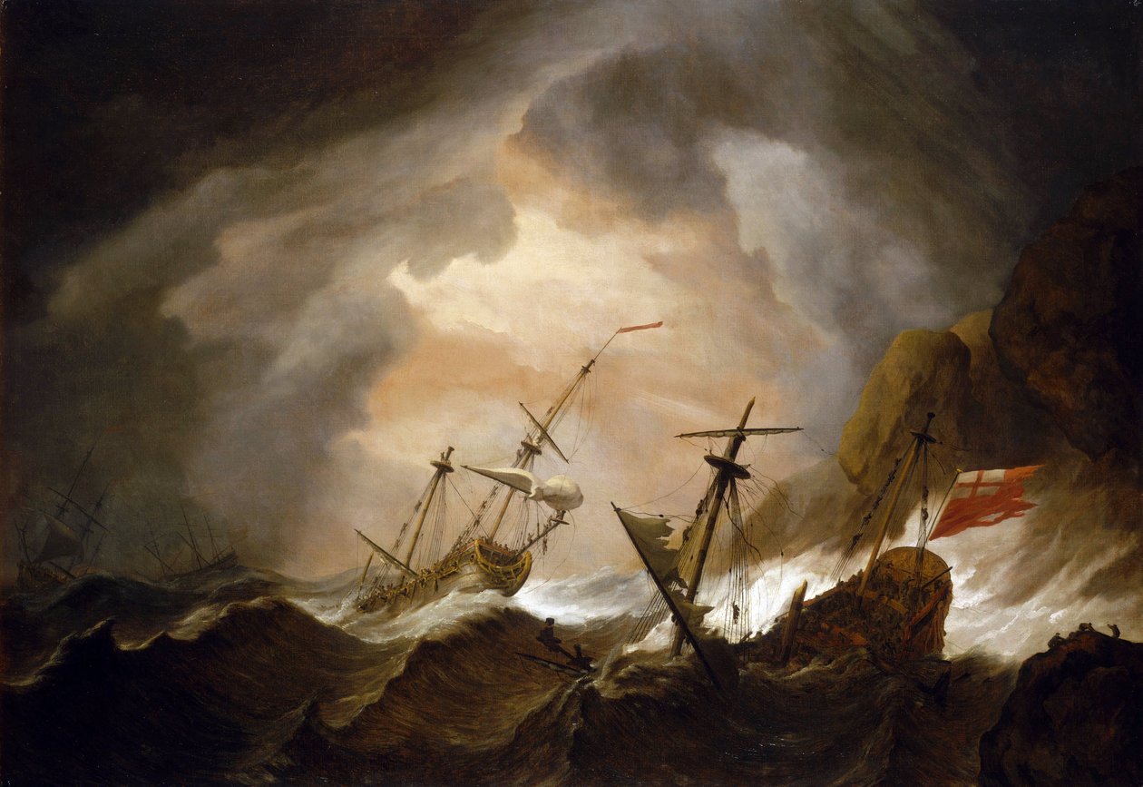 Dois navios britânicos naufragam numa tempestade perto de uma costa rochosa. Óleo sobre tela, cerca de 1700, de Willem van de Velde (1633-1707). de Willem van de Velde the Younger