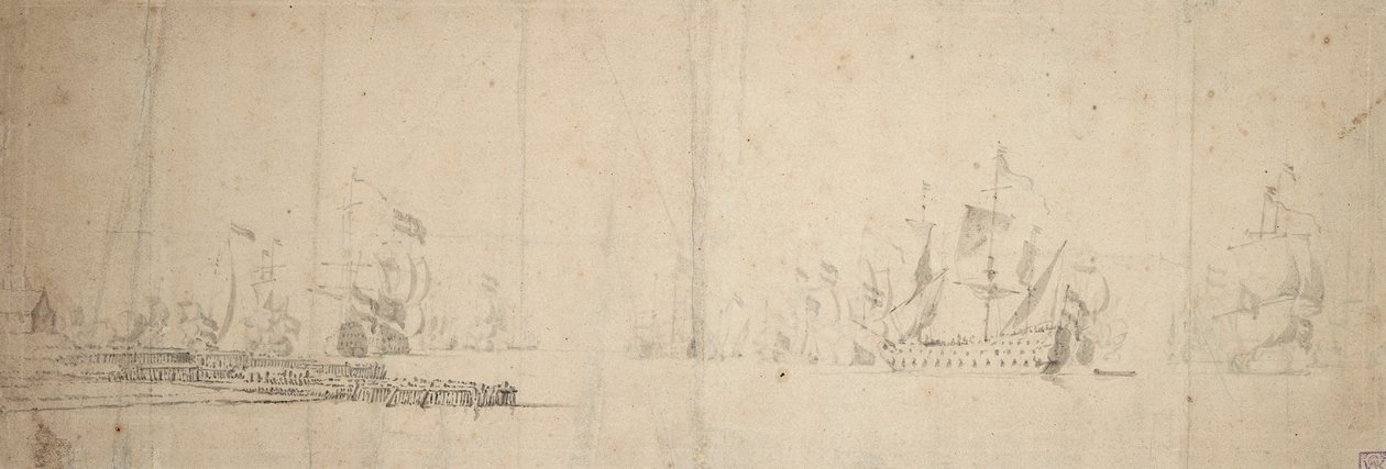 Uma frota holandesa a largar de um cais, c.1665 (grafite, lavagem a cinzento) de Willem van de the Elder Velde