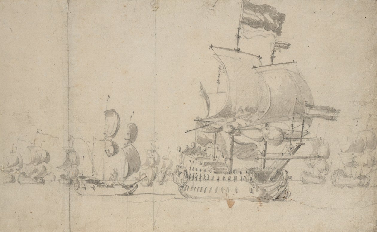 Um navio de bandeira holandês com um navio de expedição a seu bordo, maio de 1672, c.1672 (lápis, aguada) de Willem van de the Elder Velde