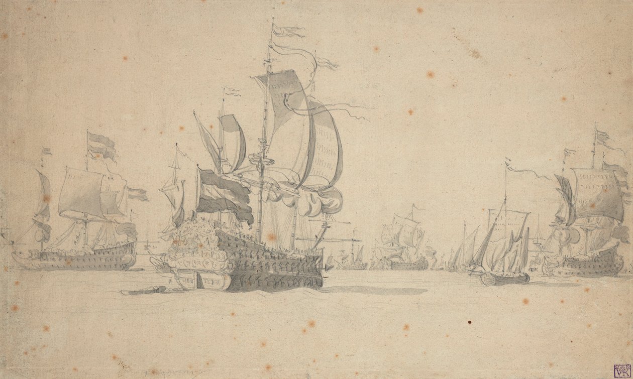 Uma esquadra holandesa formando linha de batalha, maio de 1672, c.1672 (lápis, aguada) de Willem van de the Elder Velde