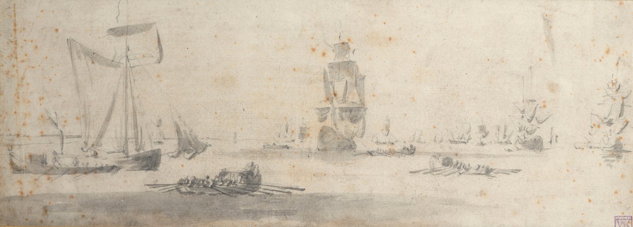 Um galliot em ares ligeiros e várias barcaças, c.1681 (grafite, lavagem a cinzento) de Willem van de the Elder Velde
