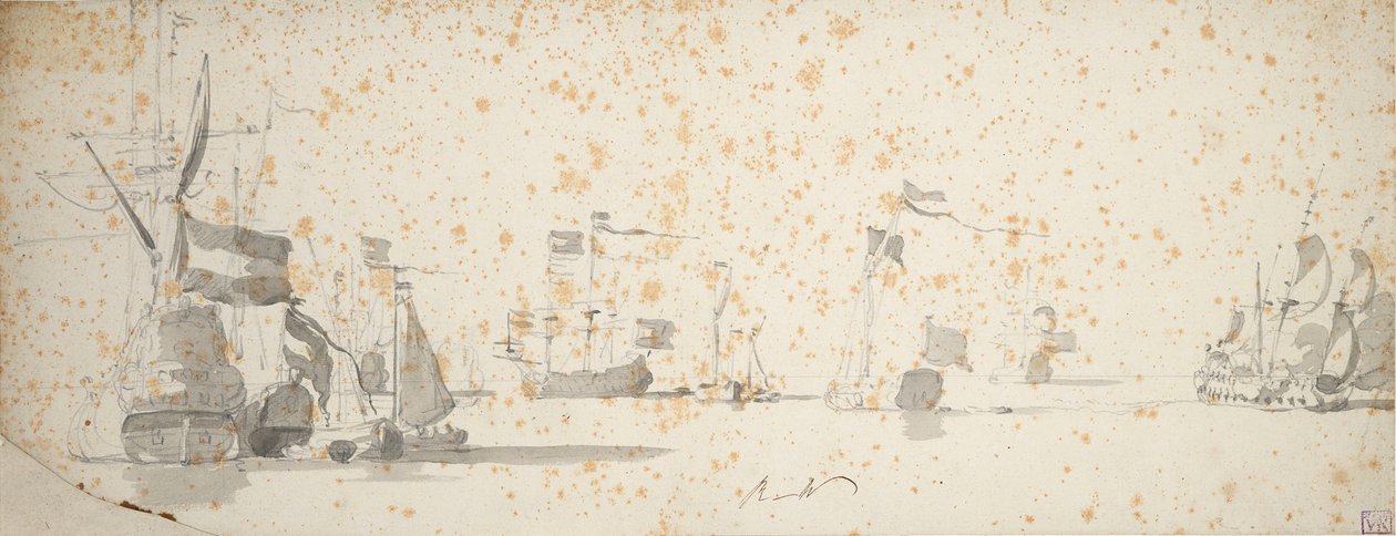 Um iate dos Estados Unidos e navios holandeses ancorados, c.1664 (grafite, lavagem a cinzento) de Willem van de the Elder Velde