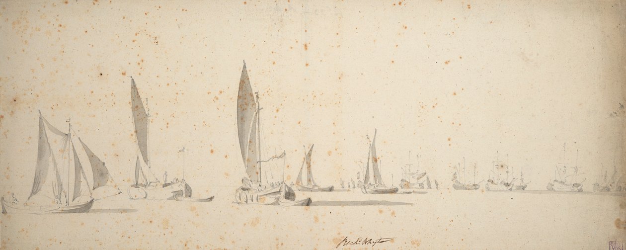 Um barco de calado, wijdschips e waterschips numa brisa ligeira, c.1664 (grafite, lavagem a cinzento) de Willem van de the Elder Velde