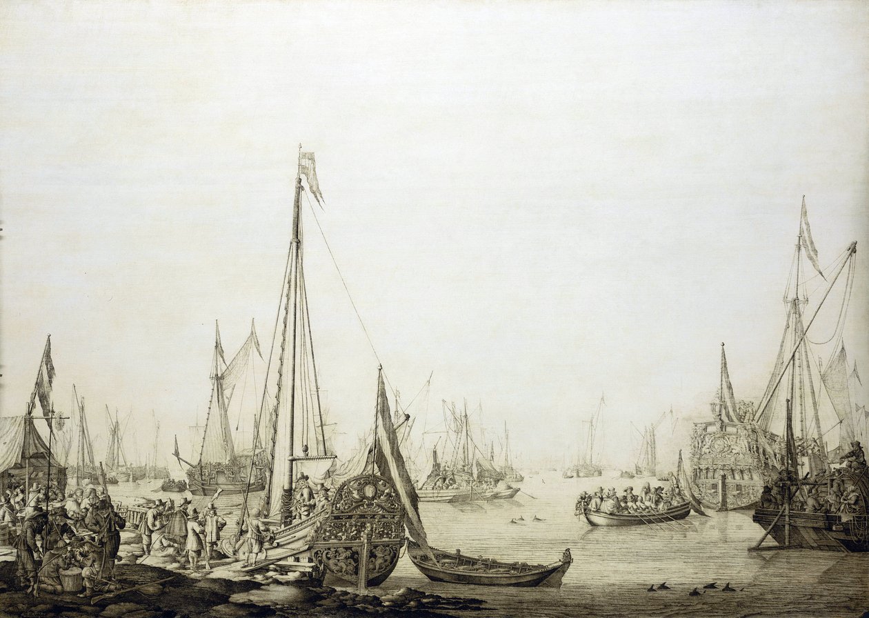 Uma variedade de navios num porto apinhado de gente, esta pintura está historicamente associada à viagem de Carlos II de Inglaterra (1630-1685) a Haia (Holanda) em 1660, durante a restauração do seu poder sobre o trono inglês de Willem van de the Elder Velde