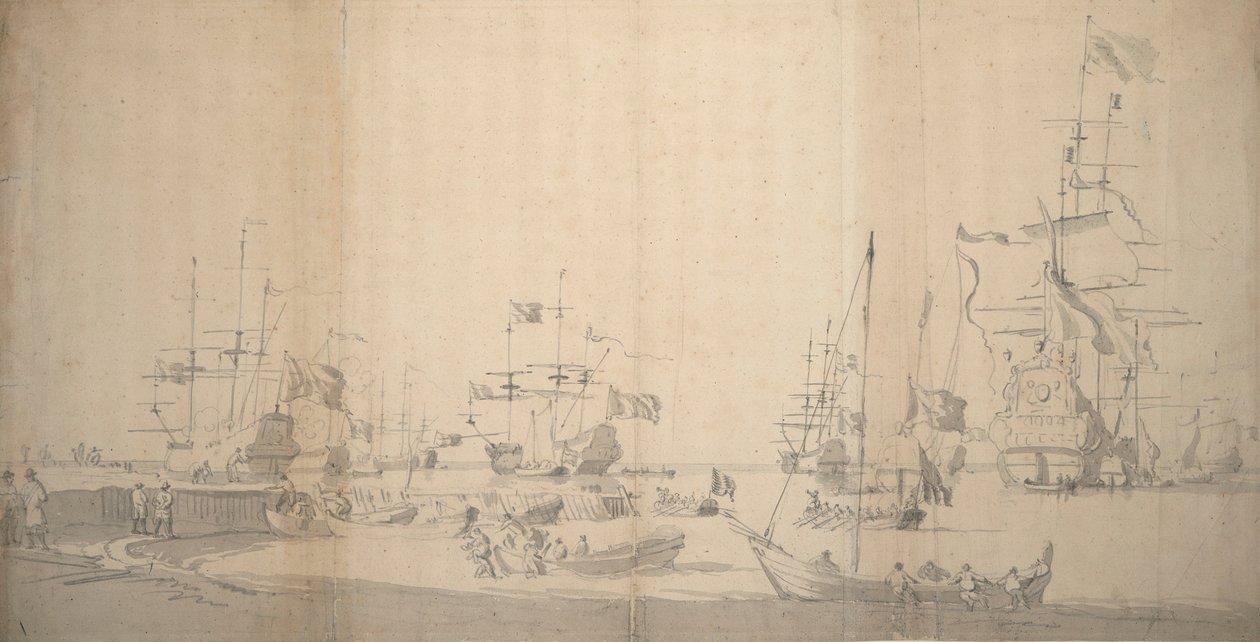 Um weyschuit a ser puxado para terra num porto cheio de gente, c.1672 (grafite) de Willem van de the Elder Velde