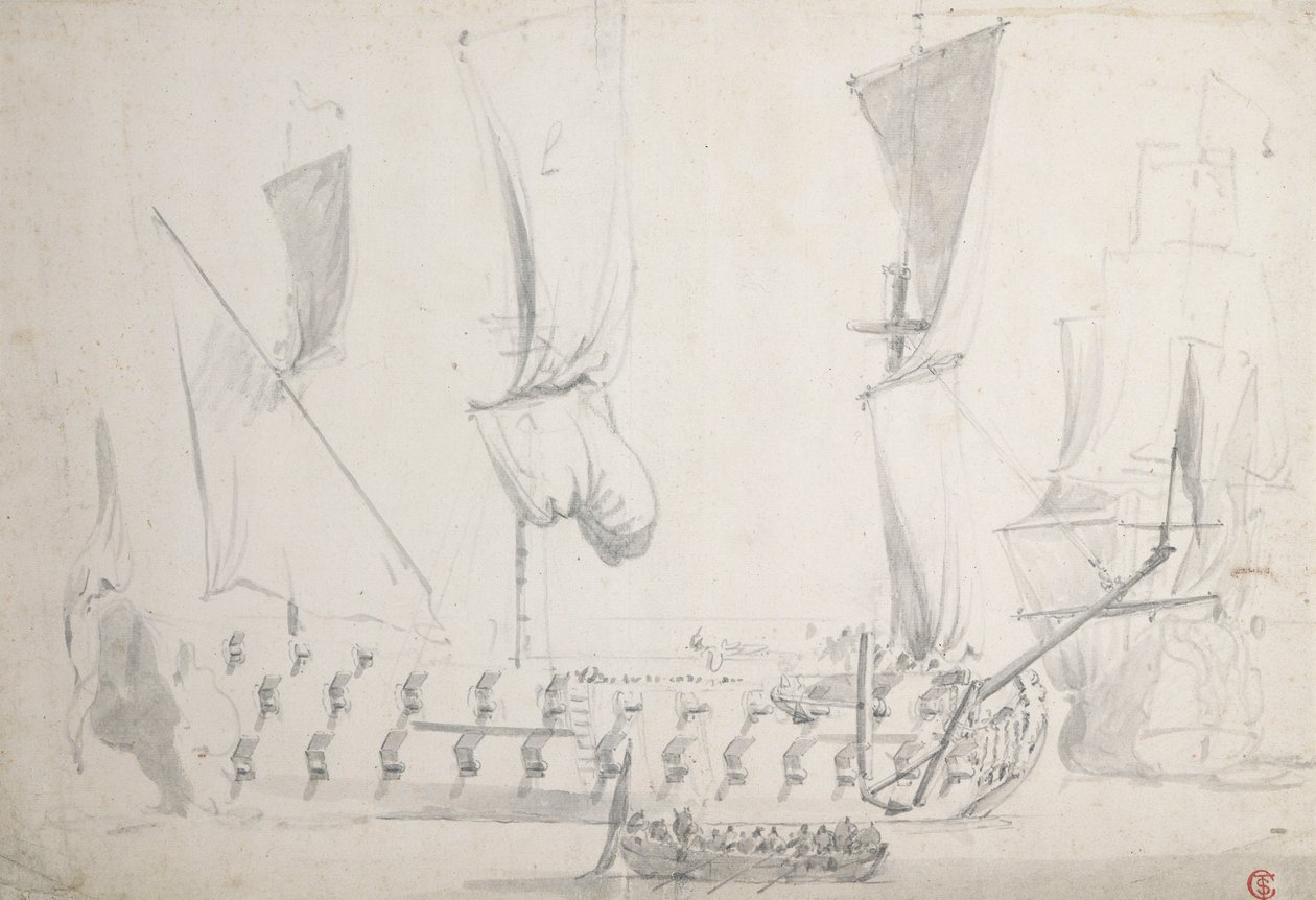Um inglês de quarta classe em ares ligeiros, c.1681 (grafite, lavagem a cinzento) de Willem van de the Elder Velde