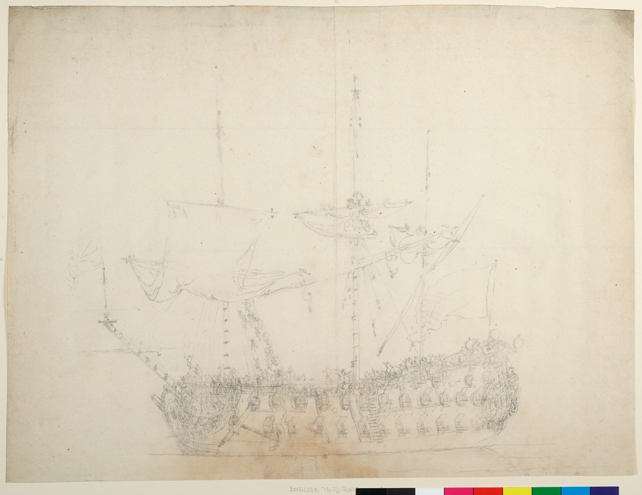 Um navio inglês de terceira classe, com 60 canhões, visto de perto na proa a bombordo, c.1673 (offset) de Willem van de the Elder Velde