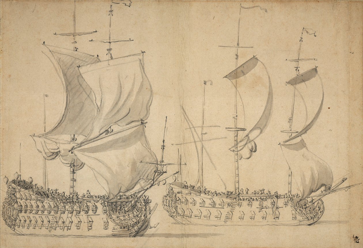 Uma embarcação inglesa de terceira e quarta classe com vela fácil, c.1677 (lápis, aguada) de Willem van de the Elder Velde