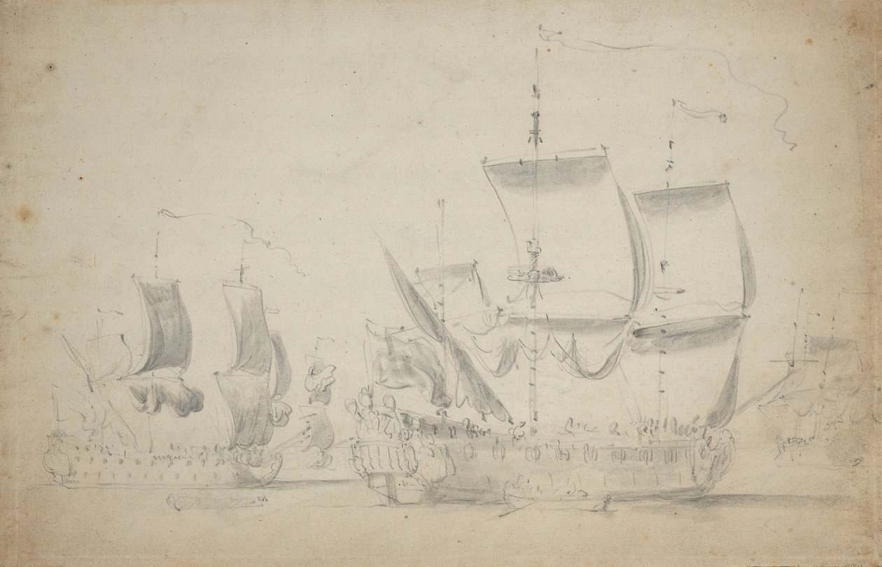 Uma embarcação inglesa de dois andares com vela fácil, c.1675 (lápis, aguada) de Willem van de the Elder Velde