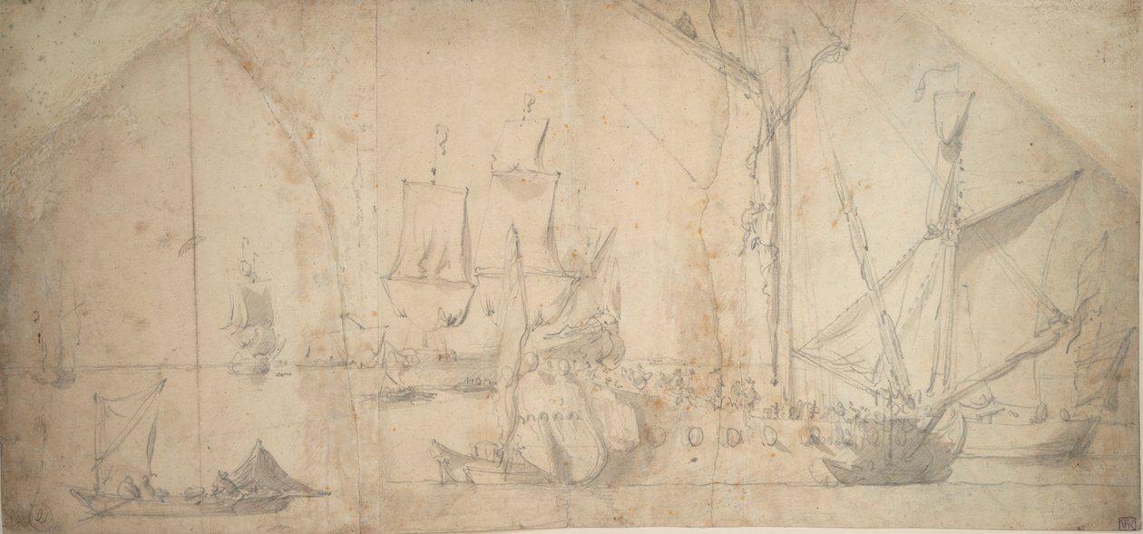 Um iate inglês ancorado a enrolar a vela de Willem van de the Elder Velde