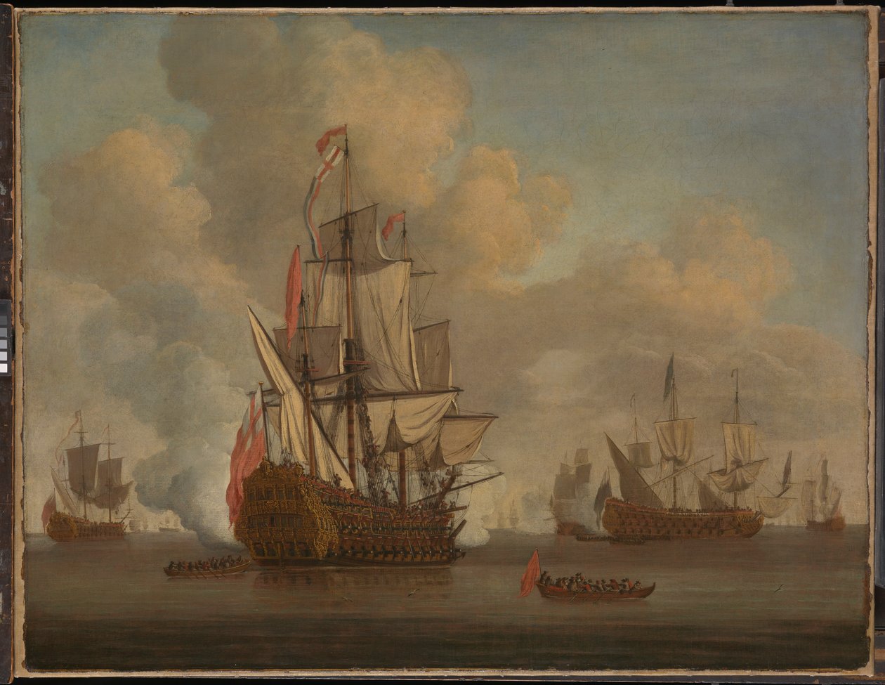 Calmo: um navio inglês de dois andares com as velas soltas a disparar uma salva de Willem van de the Elder Velde