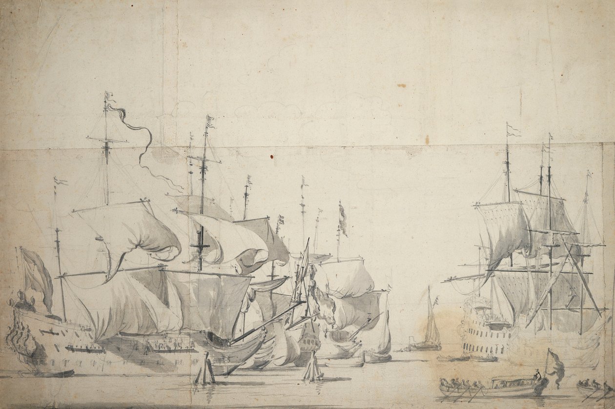 Navios de combate holandeses a secar as velas, c.1658 (grafite, lavagem a cinzento) de Willem van de the Elder Velde