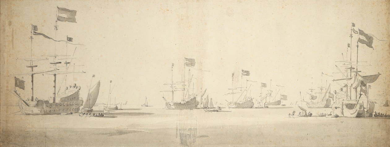 Navios de bandeira holandeses ancorados com embarcações ao lado, c.1664 (grafite, lavagem a cinzento) de Willem van de the Elder Velde