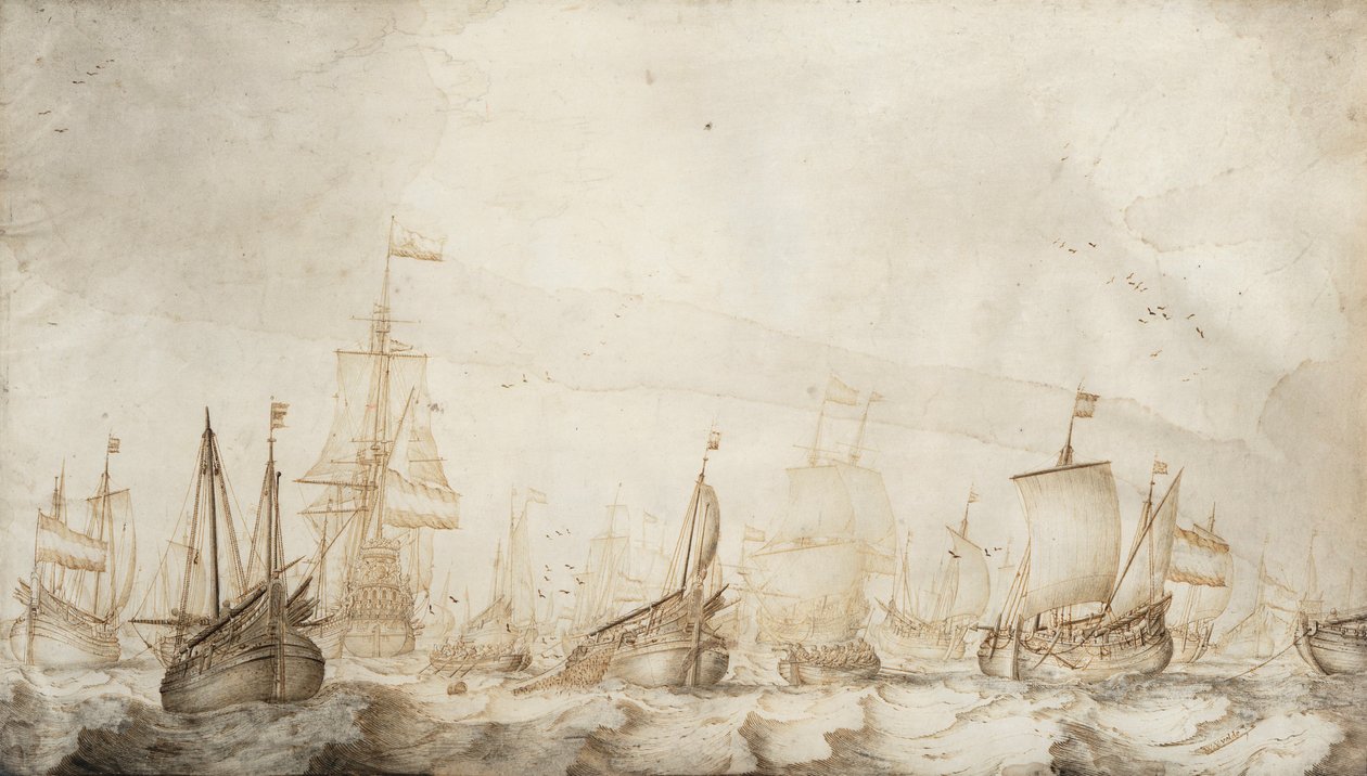 Navios holandeses de pesca do arenque no Mar do Norte. Desenho a tinta e aguada (27,4x47,6 cm) de William van de Velde, o Velho (ca. 1611-1693), cerca de 1650. de Willem van de the Elder Velde