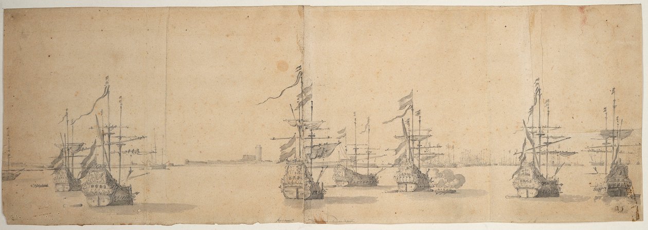 Navios holandeses ancorados ao largo de uma costa baixa, c.1658 (grafite, lavagem a cinzento) de Willem van de the Elder Velde