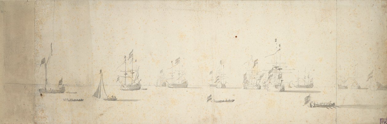 Navios holandeses ancorados ao largo da costa, c.1664 (grafite, lavagem a cinzento) de Willem van de the Elder Velde