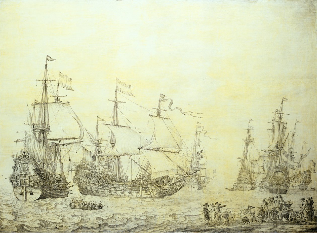 Navios holandeses ancoram perto da costa de Willem van de the Elder Velde
