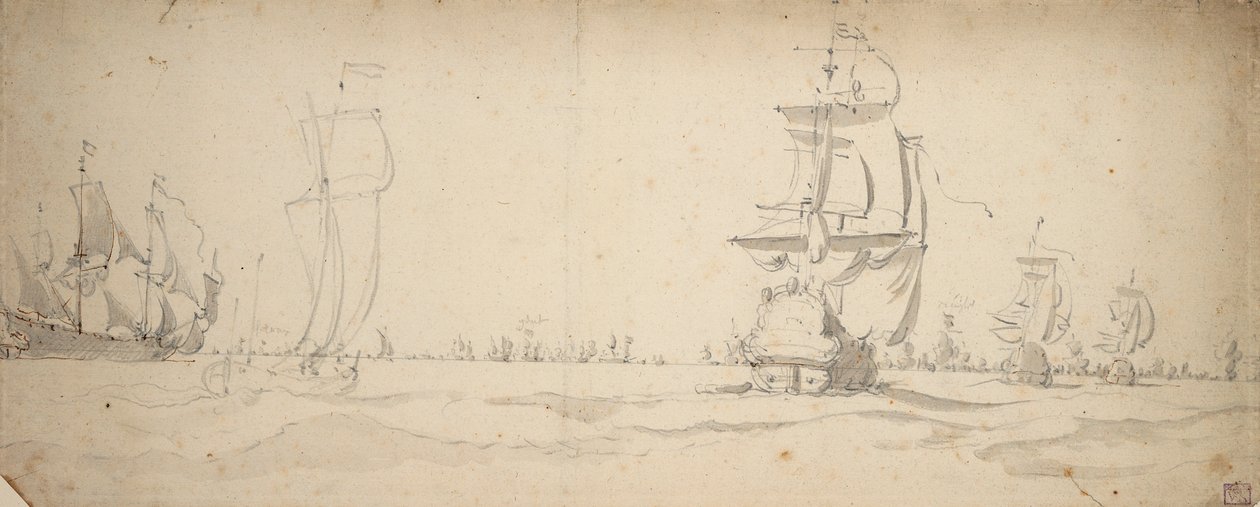 Navios holandeses a correr em direção à frota principal, maio 1672, c.1672 (grafite, lavagem a cinzento) de Willem van de the Elder Velde