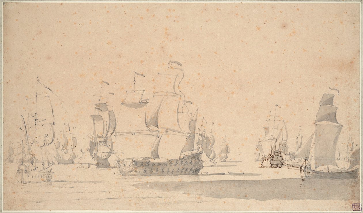 Navios ingleses, um ketch e um galliot numa brisa ligeira, junho de 1673, c.1673 (lápis, aguada, caneta, tinta castanha) de Willem van de the Elder Velde