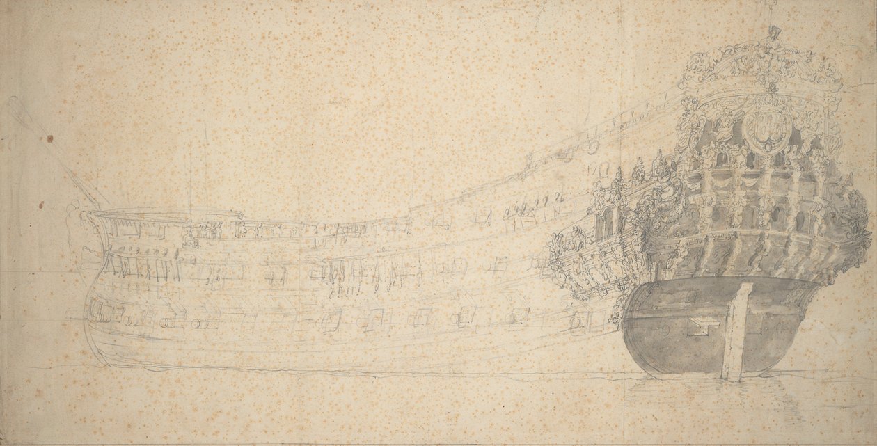 Retrato de um navio francês de dois andares. Construído na Holanda em 1666-67, c.1667 (grafite) de Willem van de the Elder Velde