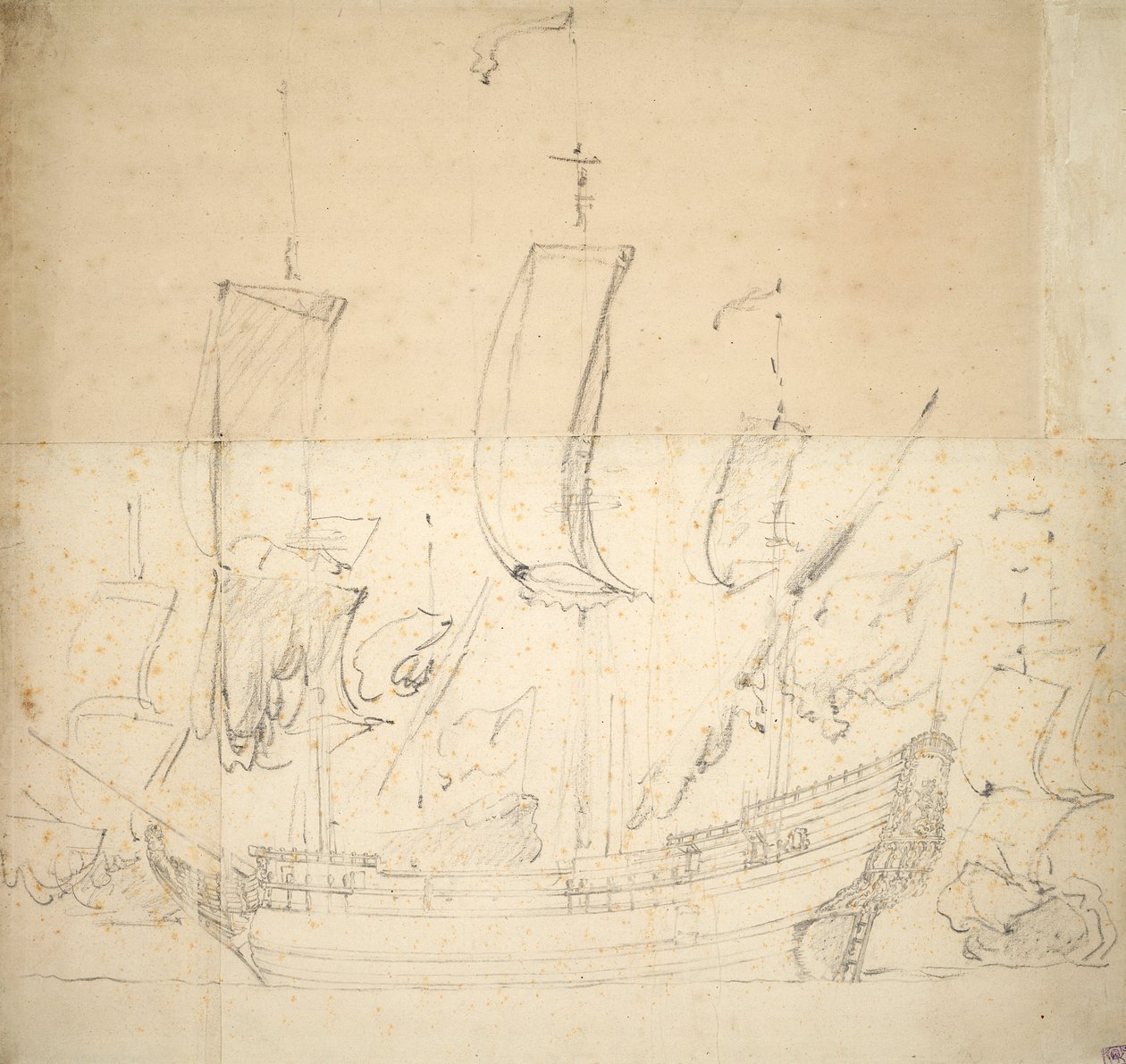 Retrato do navio "George" Navio de guerra comprado em 1672, 6 canhões, afundado para fundação em 1674, c.1673 (offset, giz preto) de Willem van de the Elder Velde