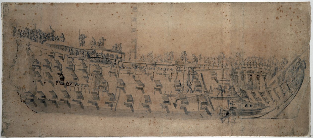 Retrato do navio "London", construído em 1670, um navio de primeira classe com 96 canhões. Desenho e têmpera por volta de 1676, por Willem van de Velde l