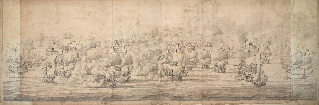 A Batalha de Lowestoft, 3-13 de junho de 1665, c.1674 (grafite, tinta) de Willem van de the Elder Velde