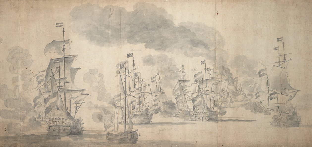 A Batalha de Solebay, 28 de maio-7 de junho de 1672 (grafite) de Willem van de the Elder Velde