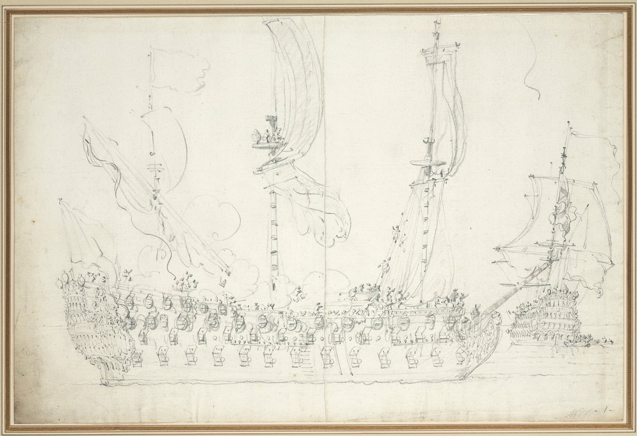 A "Duquesa" perante uma brisa ligeira, c.1681 (grafite) de Willem van de the Elder Velde