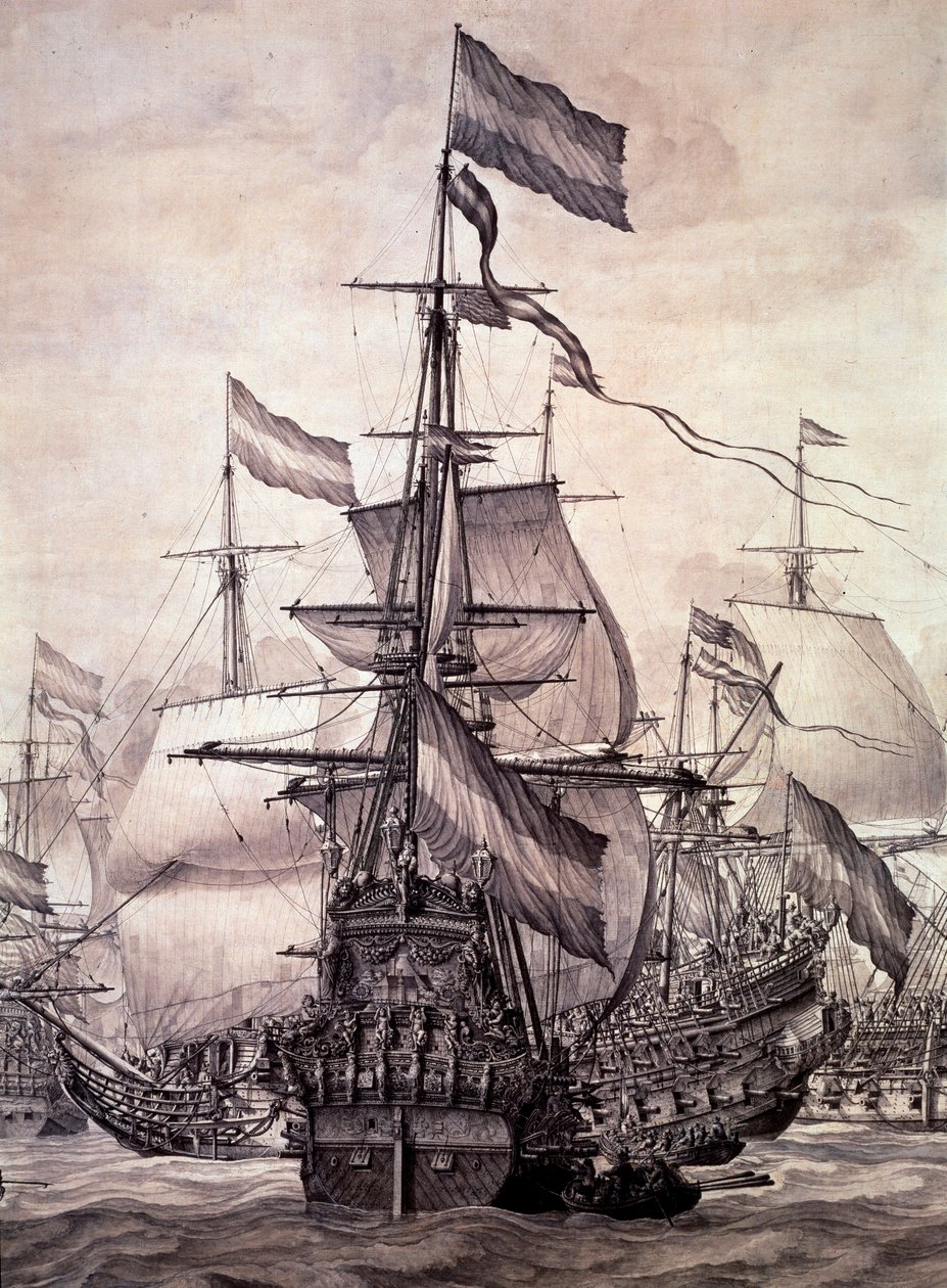A Frota Holandesa em 1672. Detalhe - óleo sobre tela de Willem van de the Elder Velde