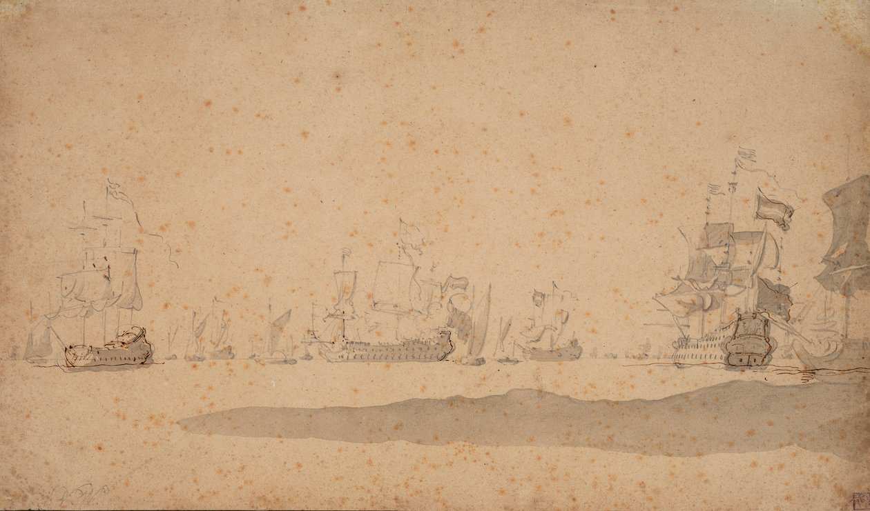 A frota neerlandesa deitada, provavelmente em maio de 1672, c.1672 (grafite, lavagem a cinzento) de Willem van de the Elder Velde