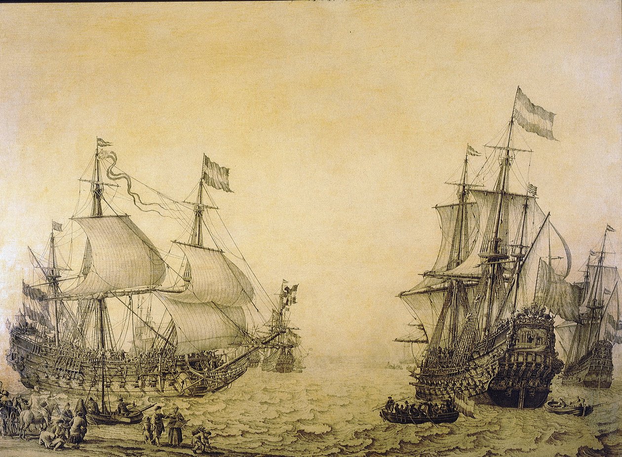 O navio holandês "Oosterwijk", ao deixar a costa, é descrito de dois ângulos. Grisaille sobre madeira de Willem van de the Elder Velde