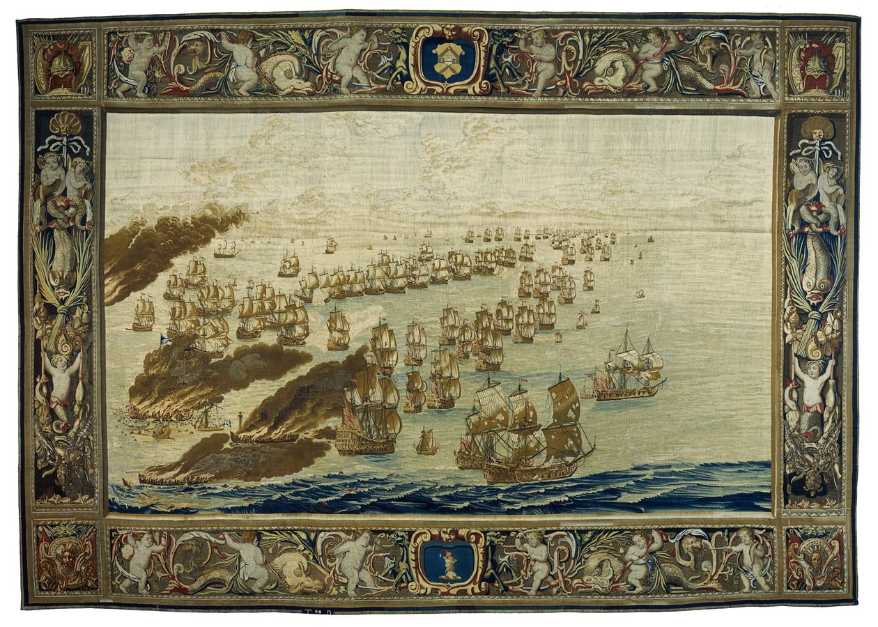 A tapeçaria de Mortlake (distrito de Londres, Inglaterra) retrata o incêndio do "Royal James" durante a batalha de Solebay, a 28 de maio de Willem van de the Elder Velde