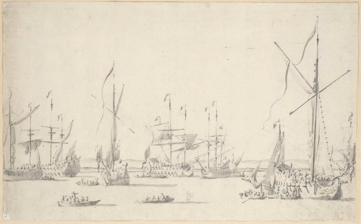 Os iates e os navios ancorados perto de Sheerness, c.1677 (grafite, lavagem a cinzento) de Willem van de the Elder Velde