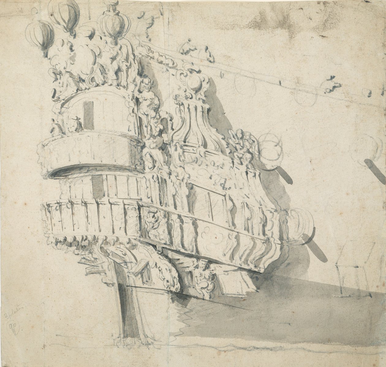 A popa do "Hampton Court", c.1685 (grafite, lavagem a cinzento) de Willem van de the Elder Velde