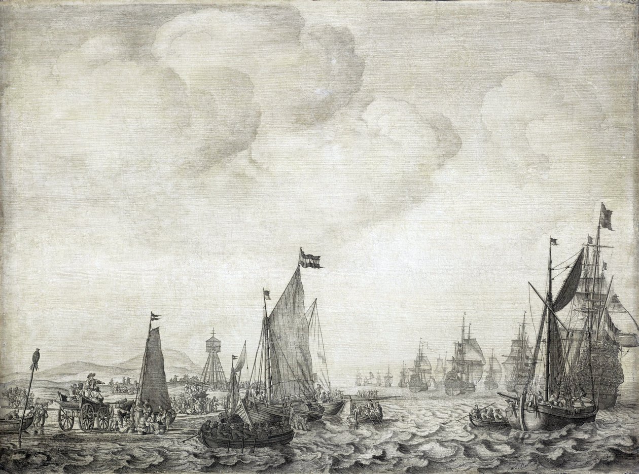 Navios de comércio para o Oriente e sua escolta, saindo de Vlie (ou Vliestroom), rota marítima entre as ilhas de Vlieland e Treschelling (Holanda), 9 de junho de 1645 de Willem van de the Elder Velde