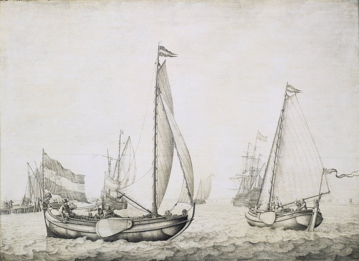 Dois navios holandeses ao largo, provavelmente no porto de Amesterdão (Holanda). Grisaille sobre madeira, cerca de 1660, de Willem van de Velde (1611-1693). de Willem van de the Elder Velde