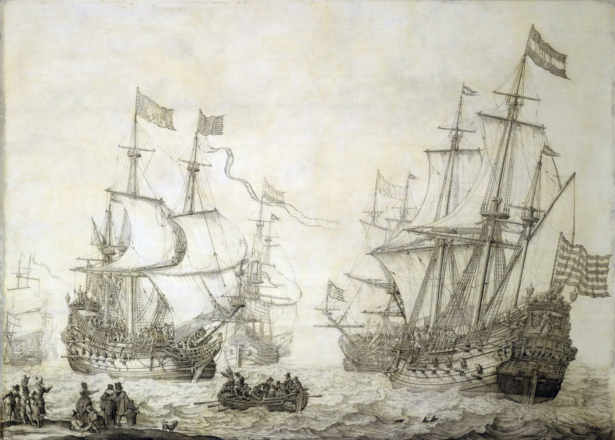 Dois navios mercantes da Companhia Holandesa das Índias Orientais, deixando a costa com ventos calmos. Grisaille sobre madeira de Willem van de the Elder Velde