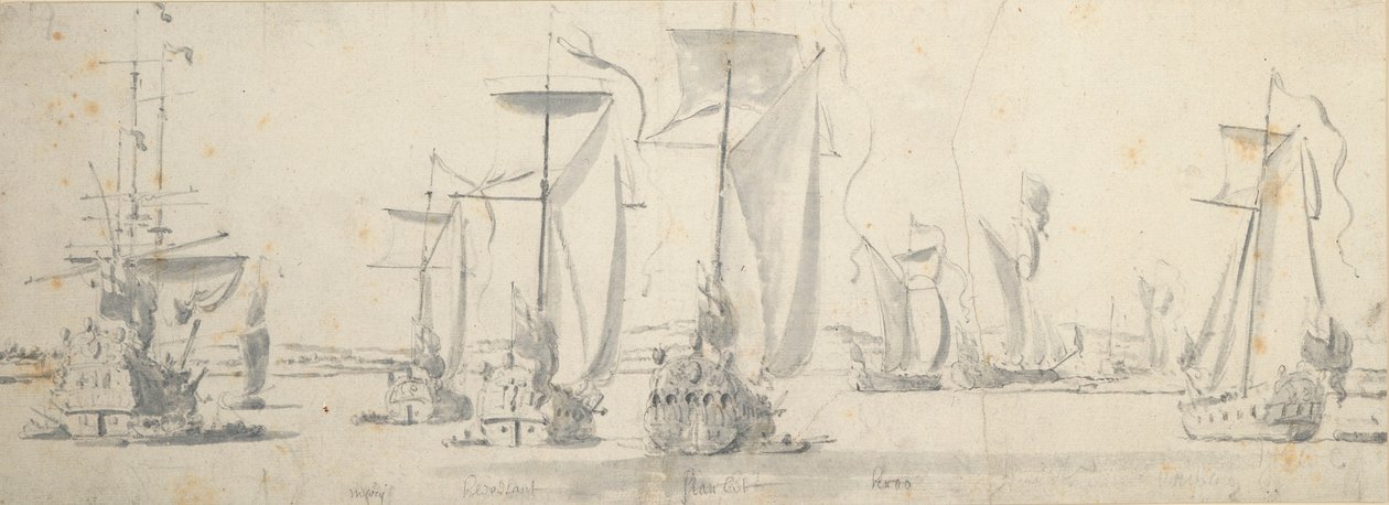 Visita de Carlos II ao "Tiger" em Woolwich: Os iates a contornar uma curva do rio de Willem van de the Elder Velde