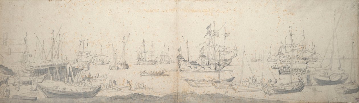 Weyschuits, um kaag e um navio de guerra holandês no Texel de Willem van de the Elder Velde