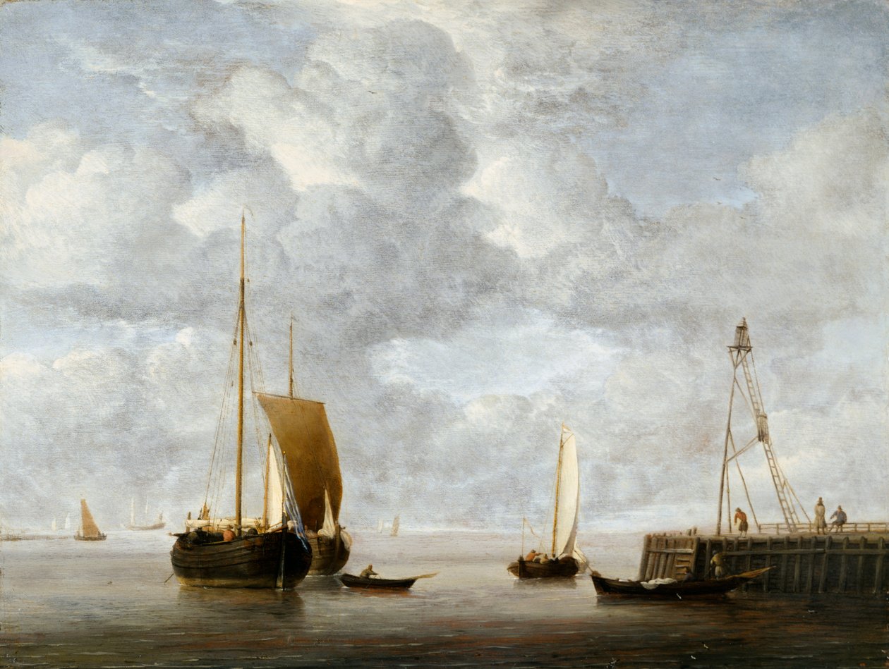 Um Hoeker holandês no Anchor perto de um Cais c.1665 (óleo sobre painel) de Willem van de Velde the Younger
