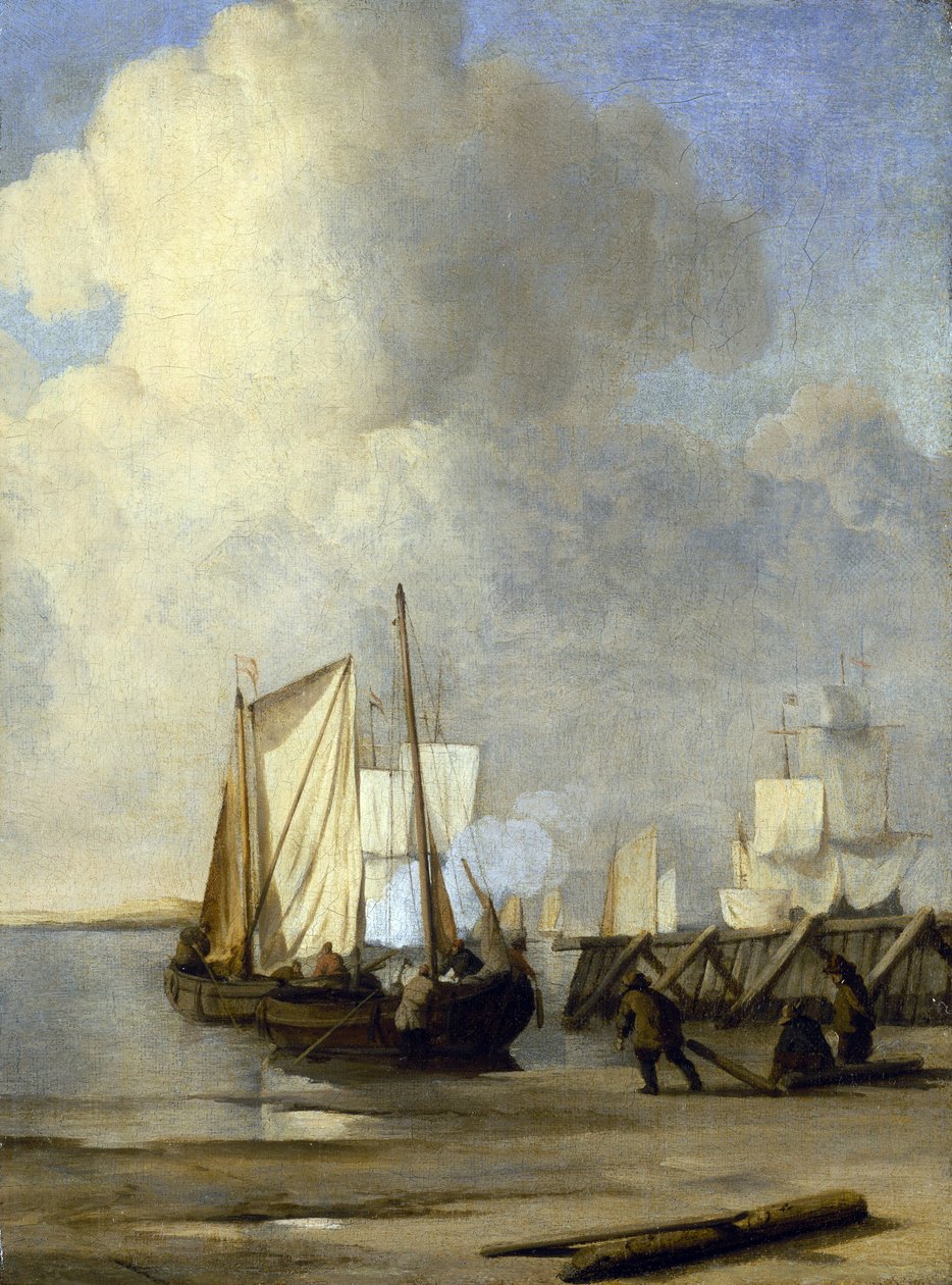 Um Kaag na margem, um barco holandês utilizado para a navegação em vias navegáveis interiores. Óleo sobre tela de Willem van de Velde the Younger