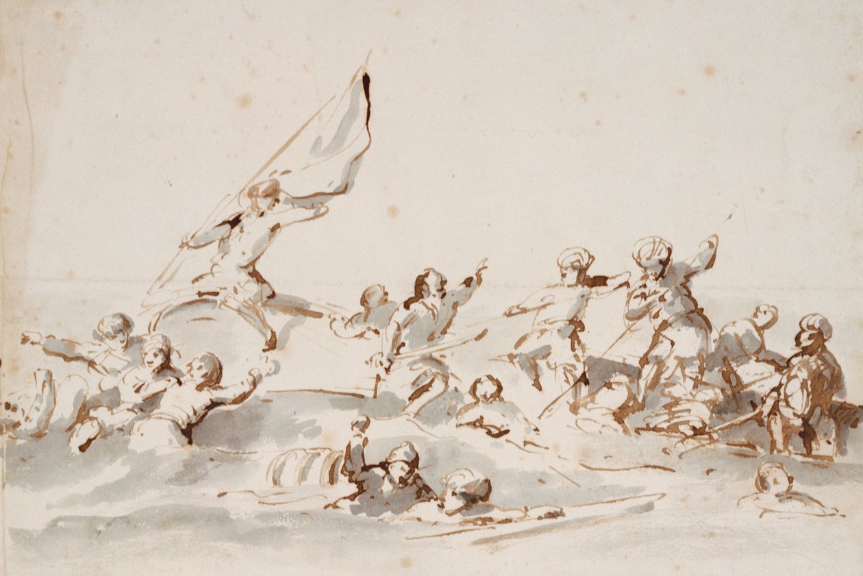 Uma luta de barcos, c.1685 (caneta, tinta) de Willem van de Velde the Younger