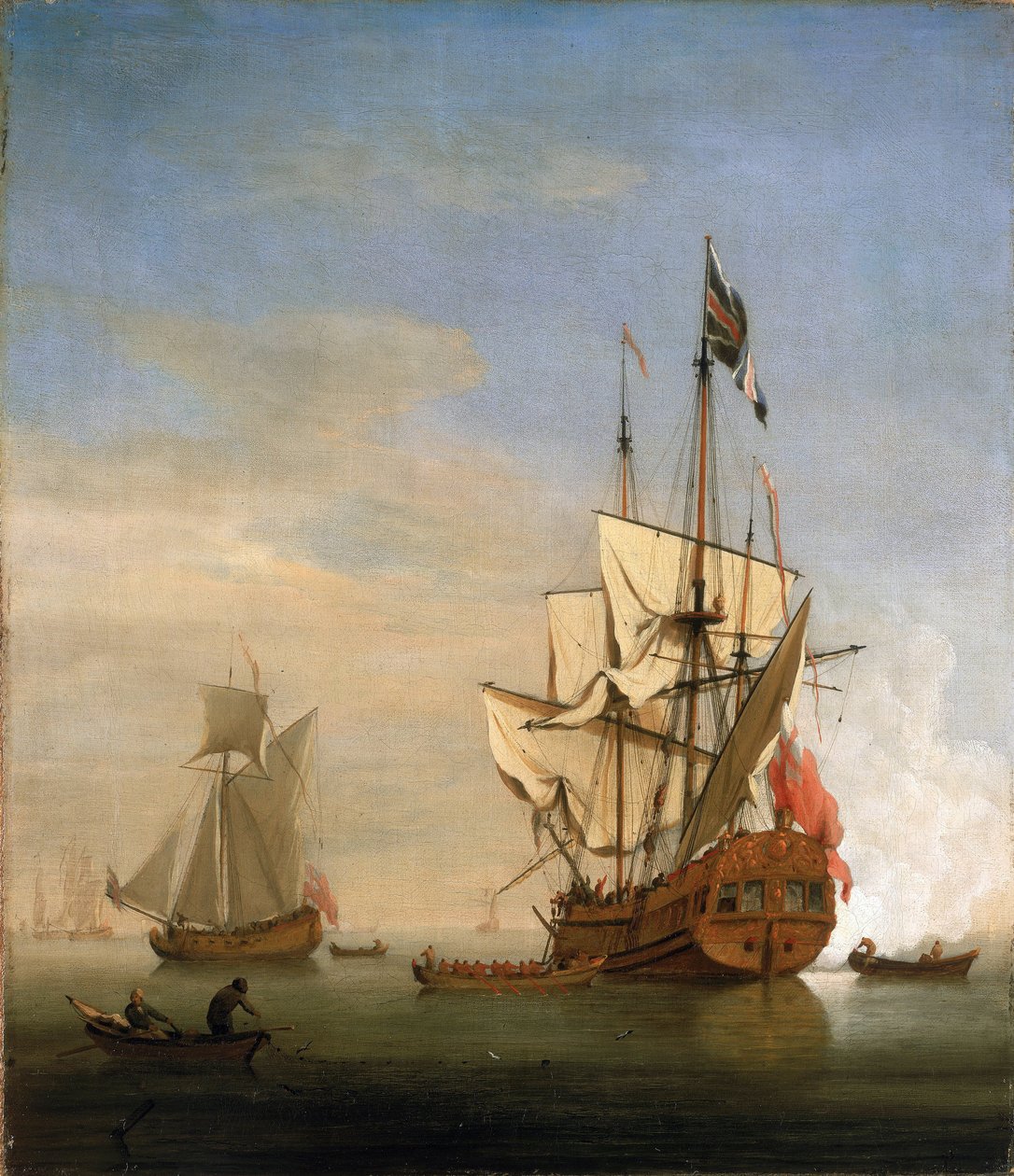 Um sixth-rate (sexta taxa), um pequeno navio de guerra britânico, a disparar o canhão em saudação. Óleo sobre tela de Willem van de Velde the Younger